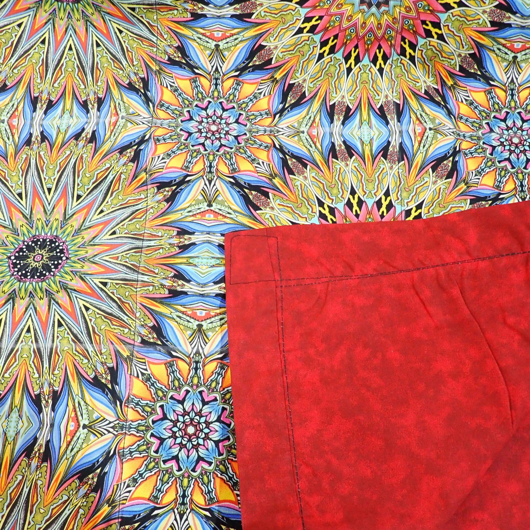 Premade Blanket Skin -Blue Gold Circles on red - Nana's Weighted Blankets